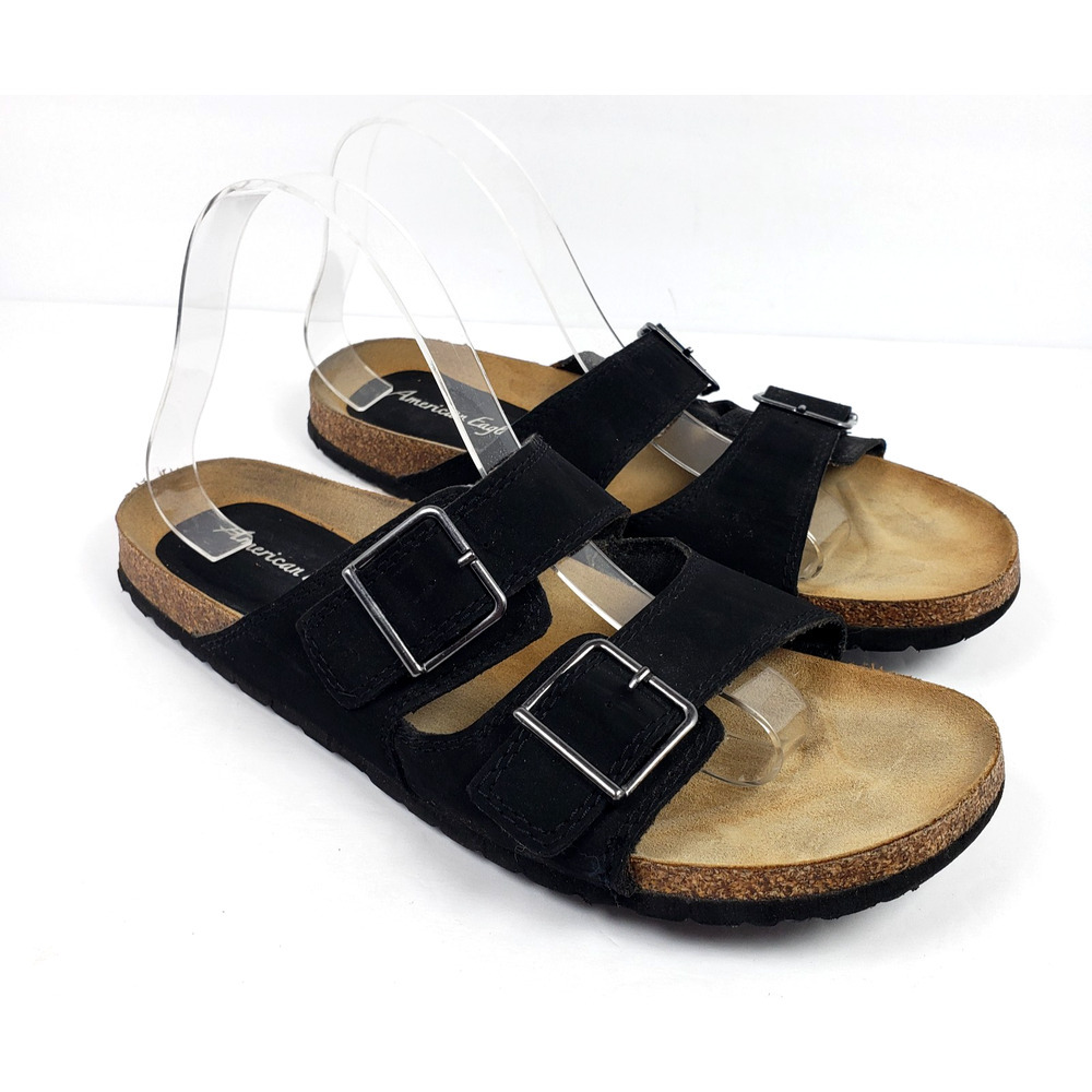 American Eagle Womens Size 11 Black Brown Slip On Casual 2 Buckle Slide Sandals